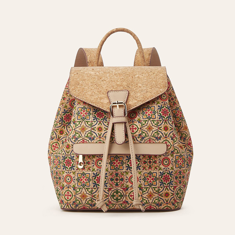 Leather Work Backpack - Rucksack-Taschen Retro Korkleder mit Nationalblumen-Druck Große