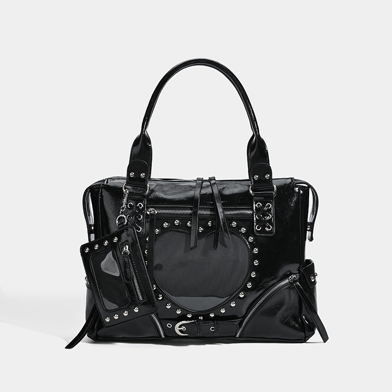 Leatherwork Rivets - Punk-Leopardenmuster-Nieten-Motorrad-Ita-Tasche, große Tragetasche, Retro-Marken-Handtasche mit transparenter