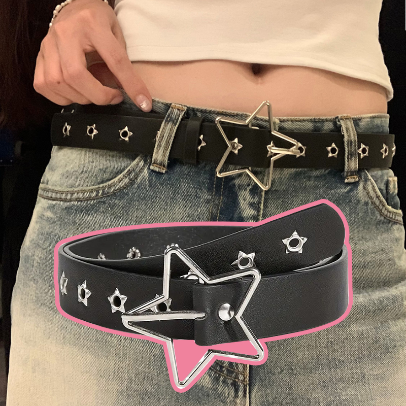 Leatherwork Eyelets - Y2K Punk Star Eyelet Schwarzer Nietengürtel