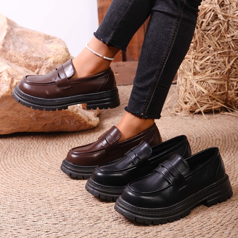 Leather Work Dress - Braune Damen-Loafer aus Leder mit klobiger