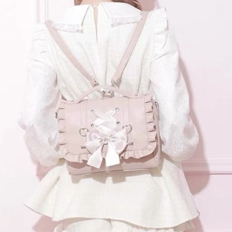 Leather Work Backpack - Süße Schleife Rosa Mochila Damen Fairyocre