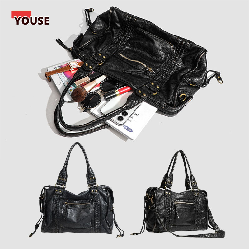Leatherwork Rivets - Damenmode Vintage gewaschene weiche Leder-Einkaufstasche, große